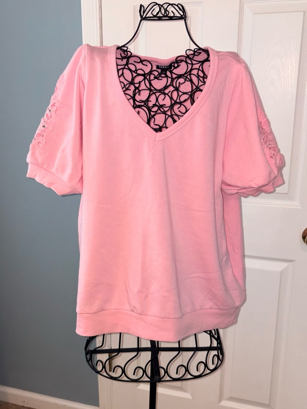 torrid Light Pink V-Neck Puff Sleeve Sweatshirt with Lace Trim